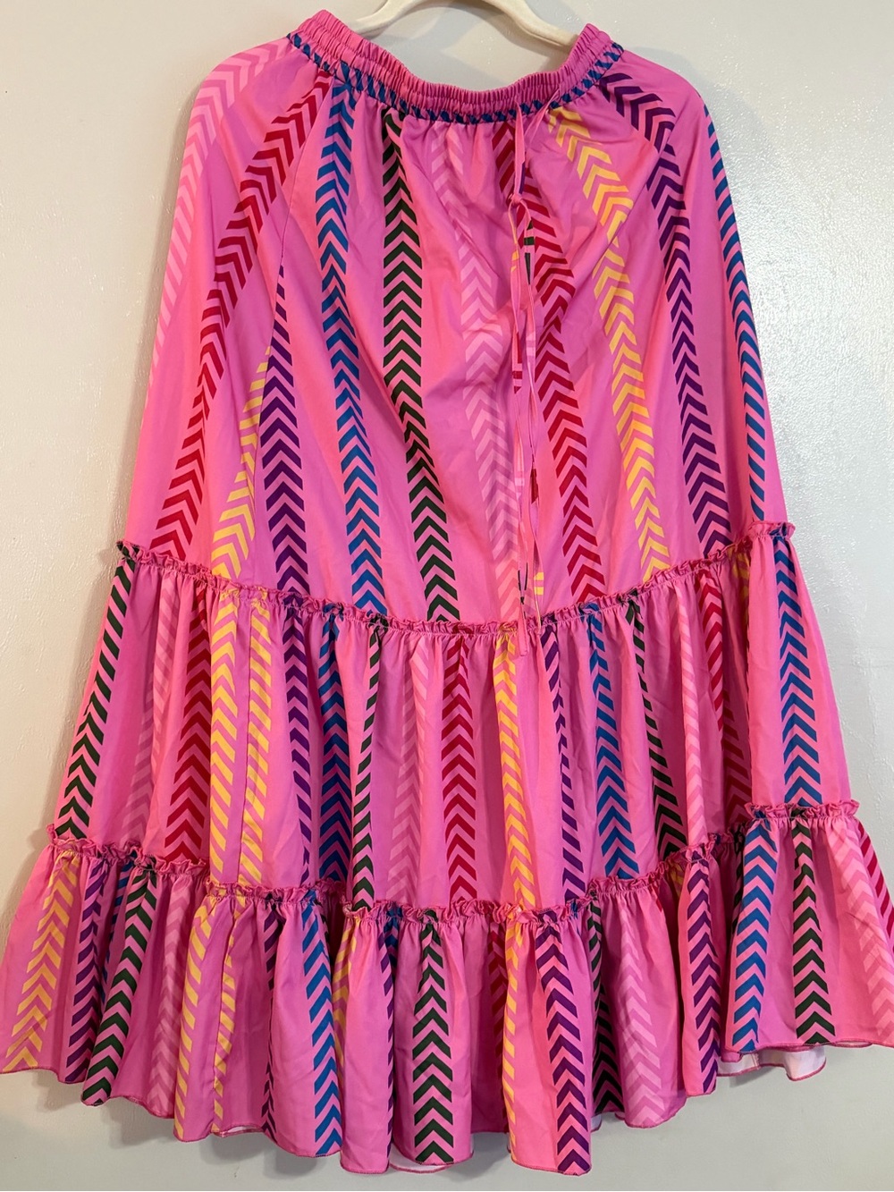 Pink Tiered Maxi Skirt with Multicolor Chevron Stripes